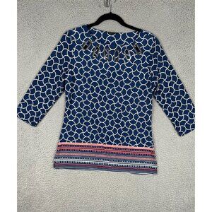 La Vanya Womens Blouse Metal Cut Out Collar 3/4 Sleeves Blue/White Petite PM